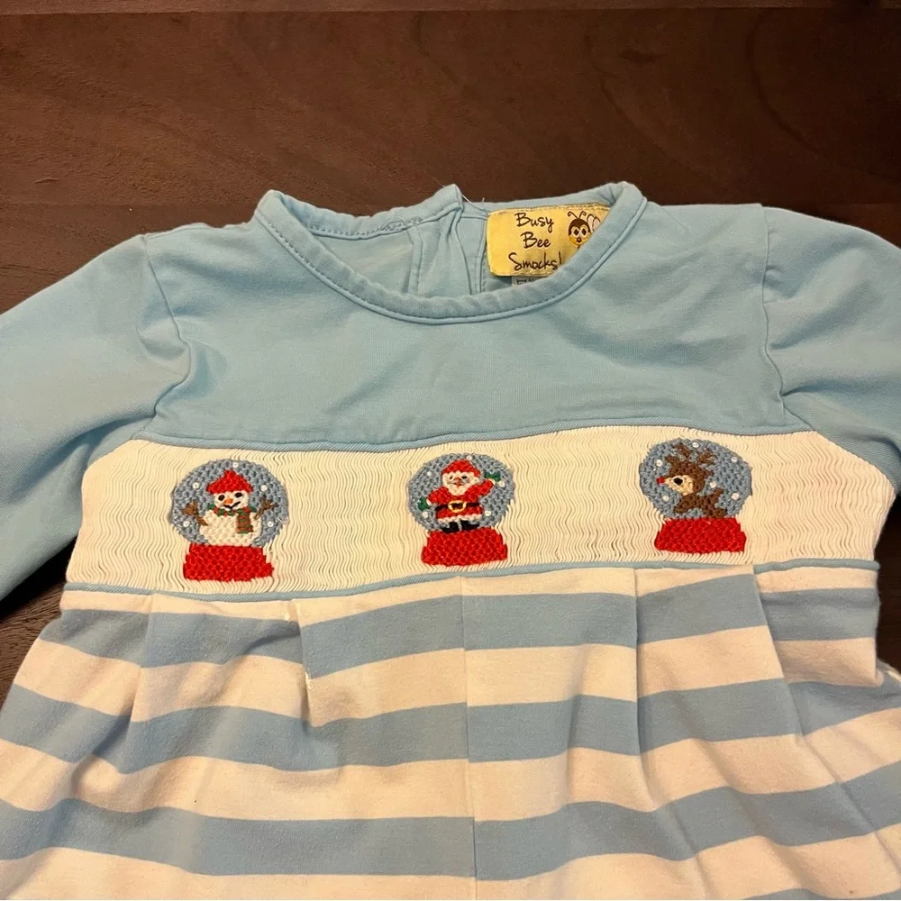 Busy Bee Smocks! Christmas Smocked Snowglobe Santa Stripe Jon Jon Romper 6 Month